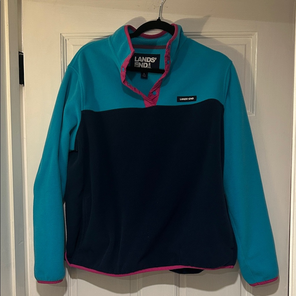 Lands' End Teal and Navy Fleece with Pink Trim